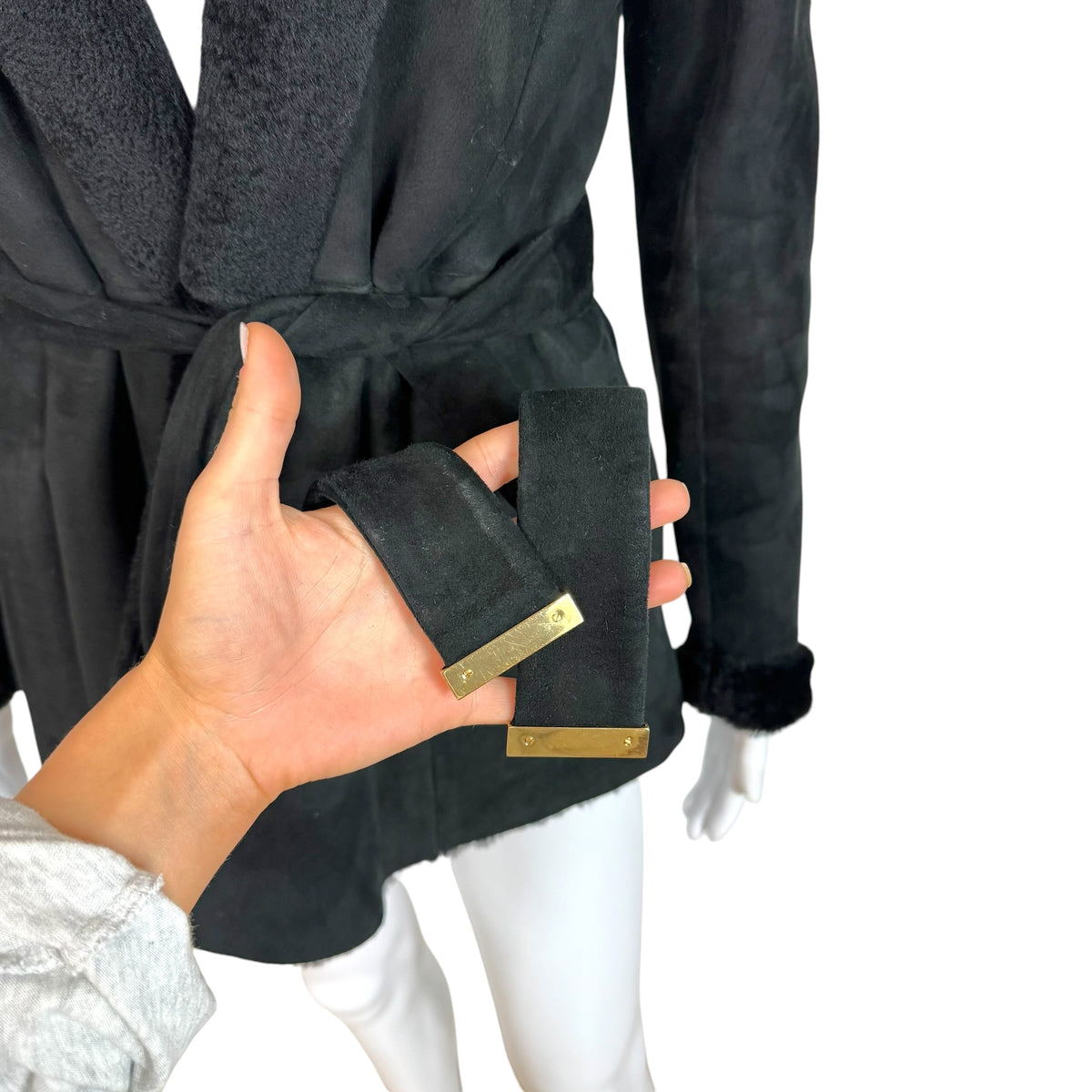 Gucci by Tom Ford Black Shearling Mid-Length Wrap Coat