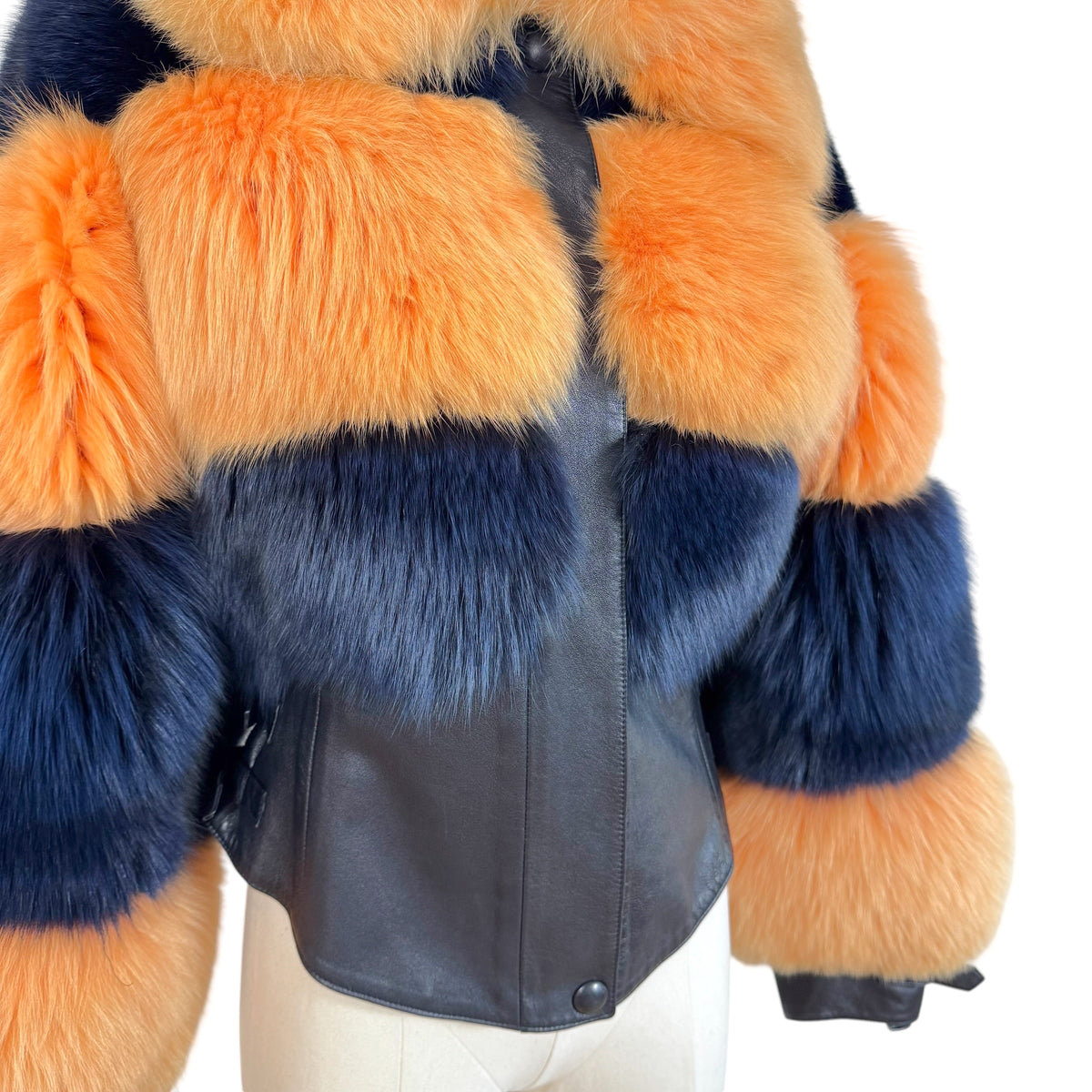 Alexandre Paris Cropped Coat Orange Blue Striped Fox Fur