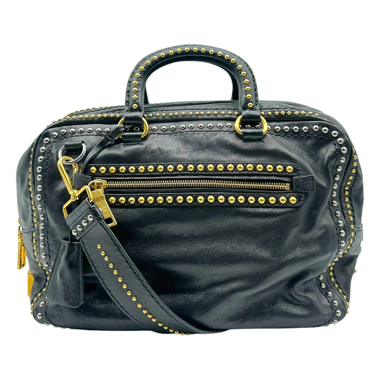 Prada Black Leather Studded 2-Way Bowler Bag
