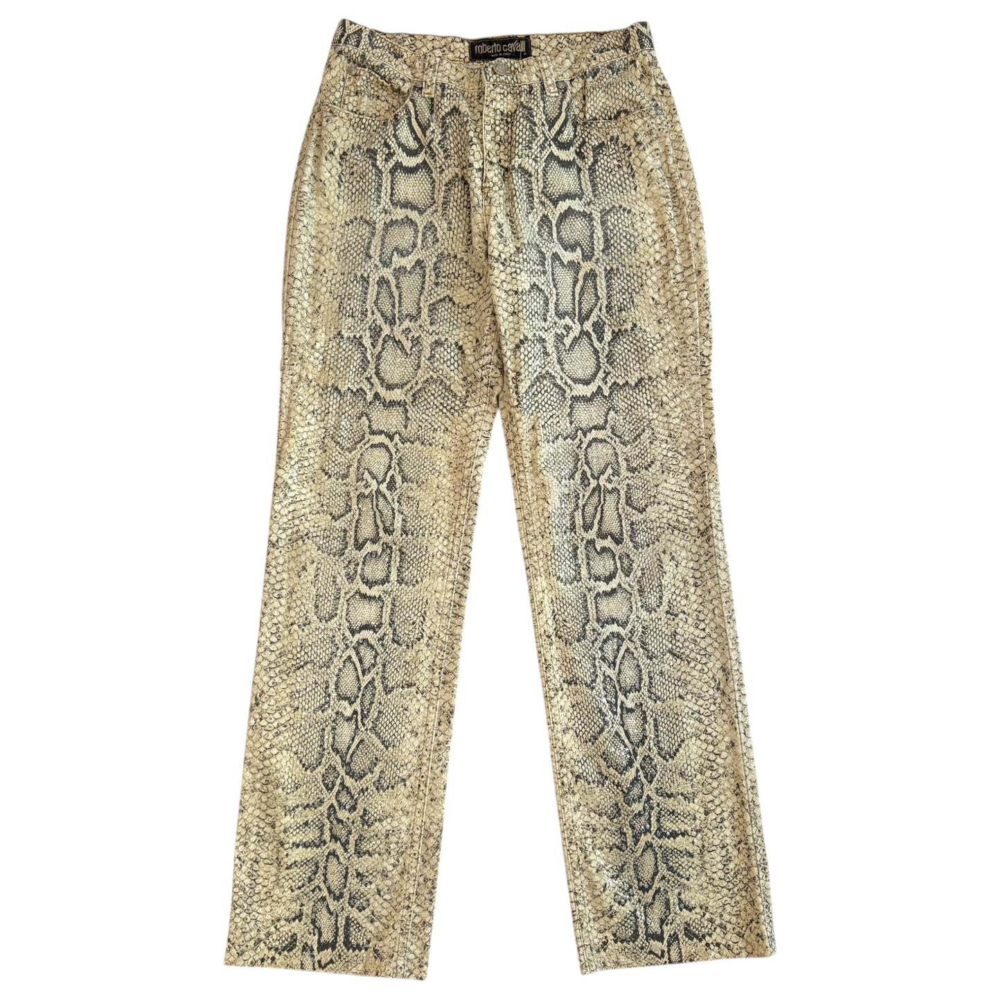Roberto Cavalli Python Print Sequin Jeans Ivory Straight Leg