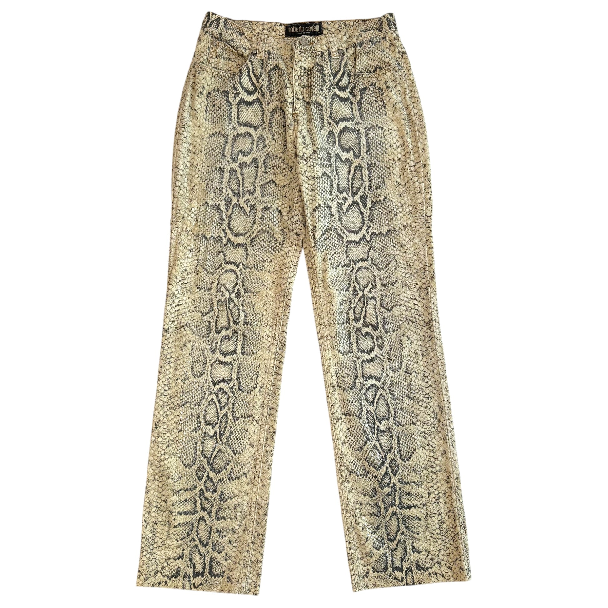 Roberto Cavalli Python Print Sequin Jeans Ivory Straight Leg