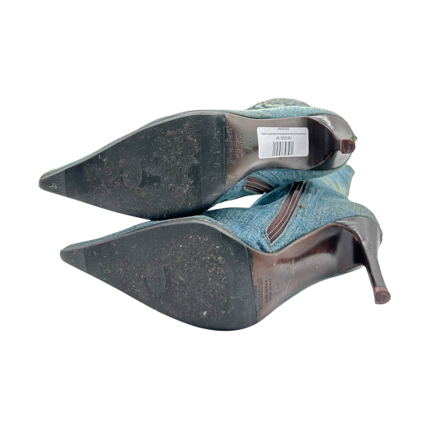 Roberto Cavalli Denim Embroidered Pointed Toe Heeled Boots