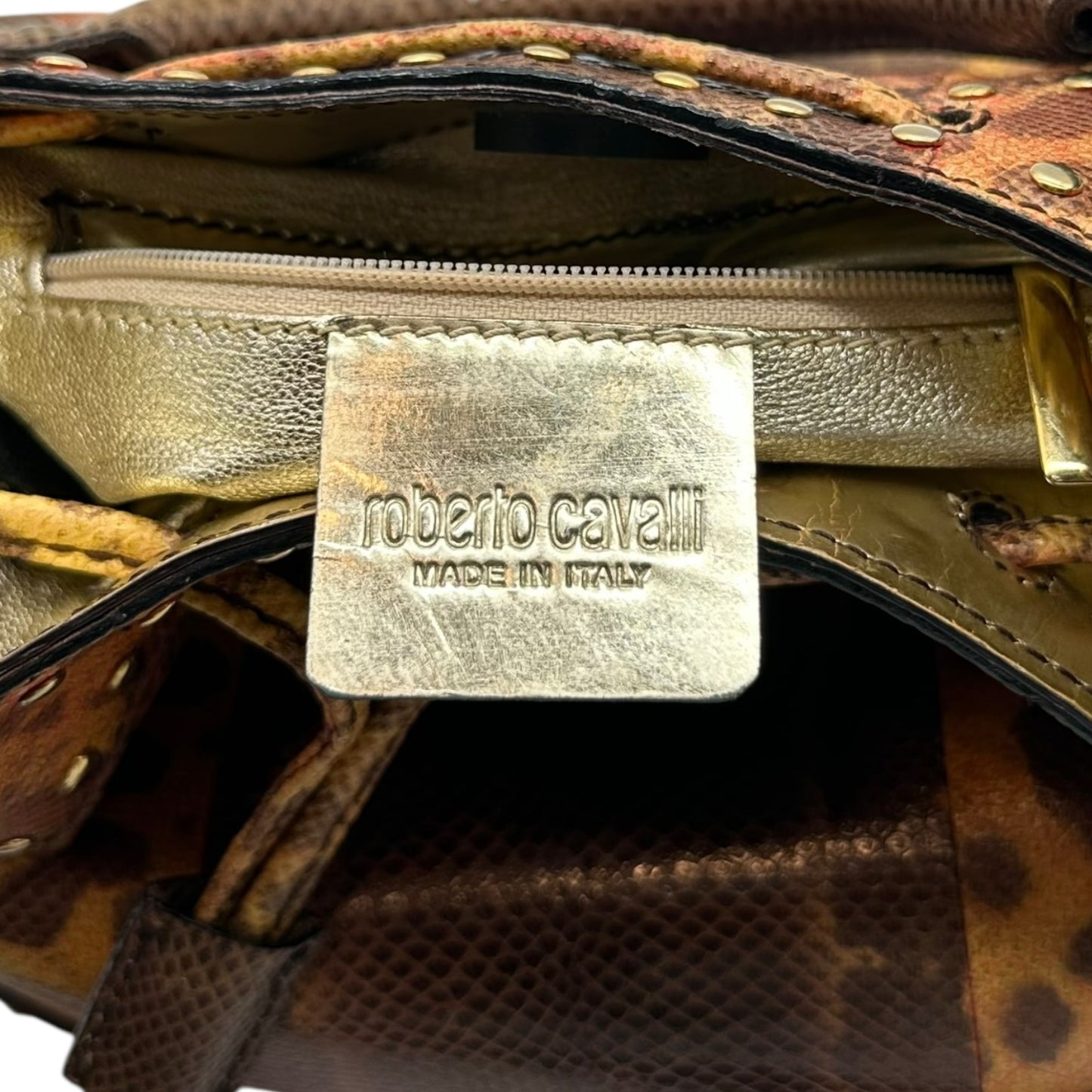 Roberto Cavalli Orange & Brown Lizard Skin Studded Bucket Bag