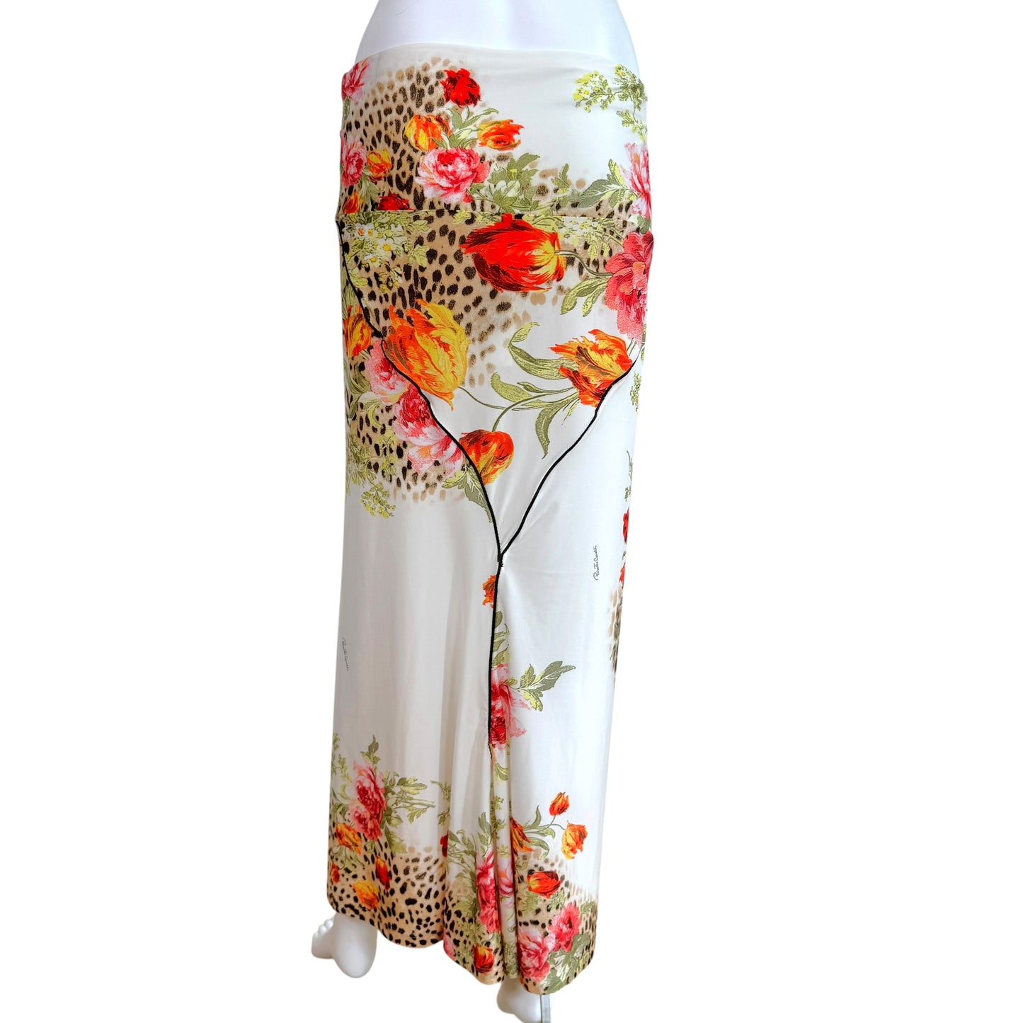 Roberto Cavalli White Leopard & Rose Floral Print Fold-Over Midi Skirt