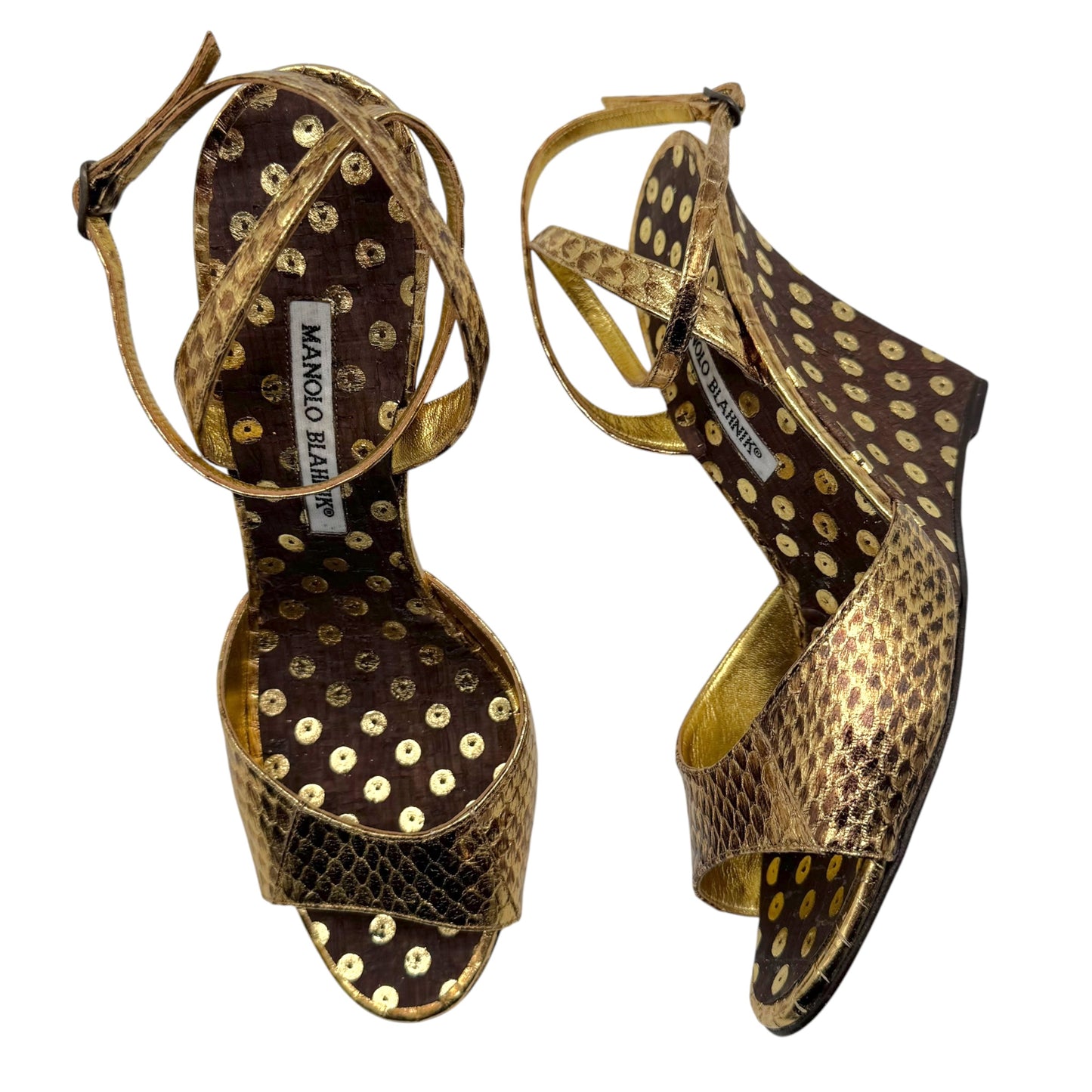 Manolo Blahnik Gold Python & Brown Cork Polka Dot Wedge Sandal Heels