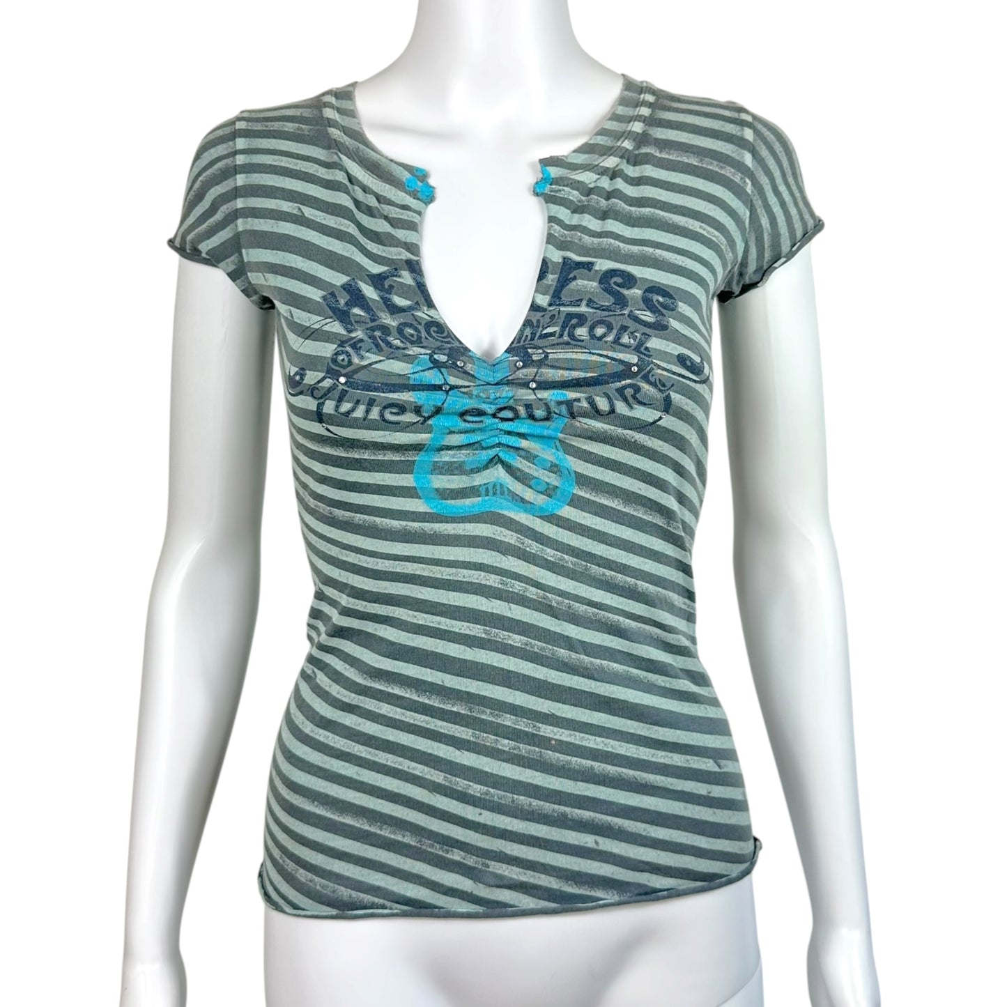 Juicy Couture Gray & Blue 'Heiress of Rock-n-Roll' Striped V-Neck T-Shirt