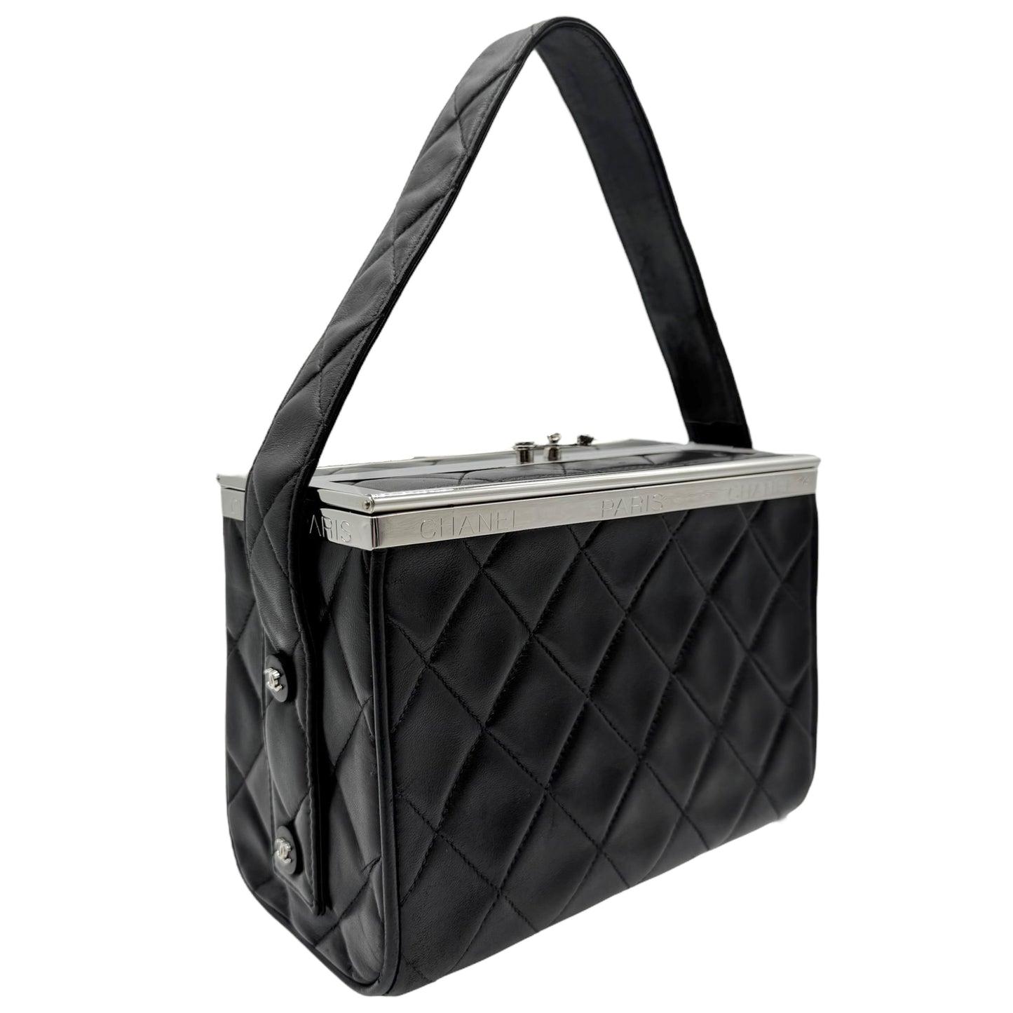 Chanel Black Matelasse Quilted Lambskin Metal Trim Vanity Bag 1996-97 - Outfit Repeater