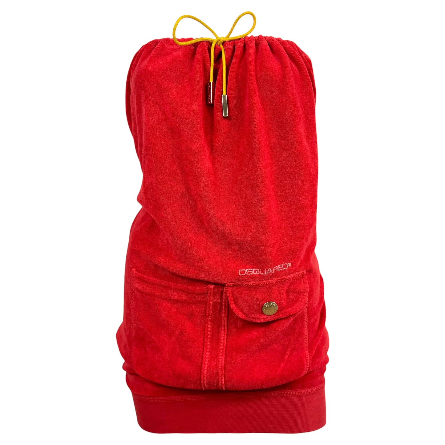 Dsquared2 Red & Yellow Loop Terry Logo Embroidered Strapless Mini Dress