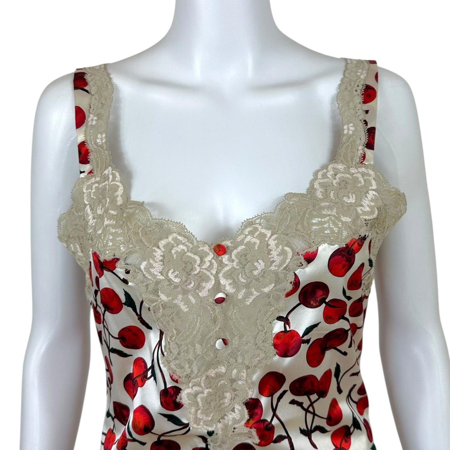 Dolce & Gabbana Cherry Print Silk Lace Trim Rhinestone Logo Cami Top