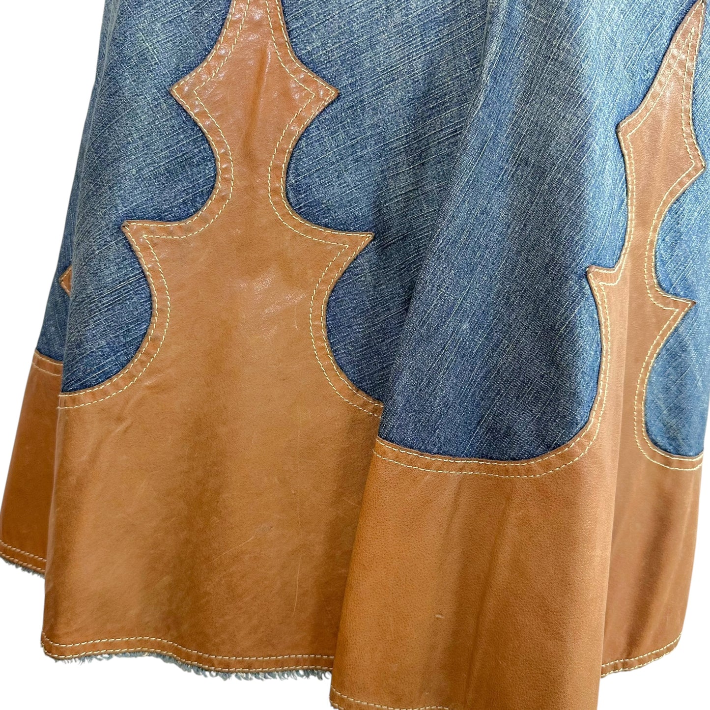Dsquared2 Denim Tan Leather Patchwork Western Midi Skirt