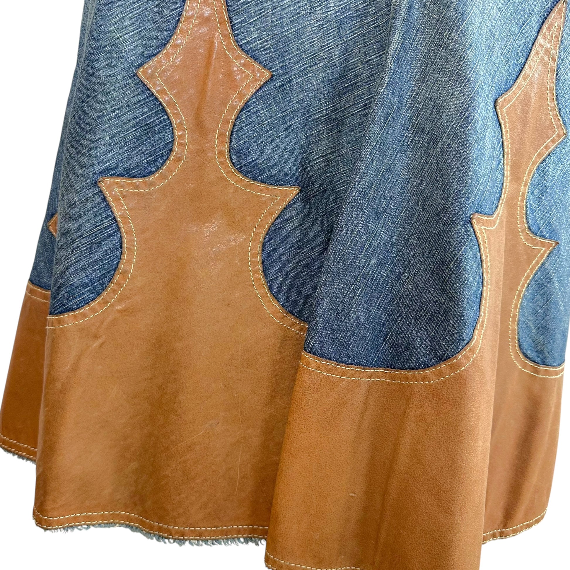Dsquared2 Denim Tan Leather Patchwork Western Midi Skirt