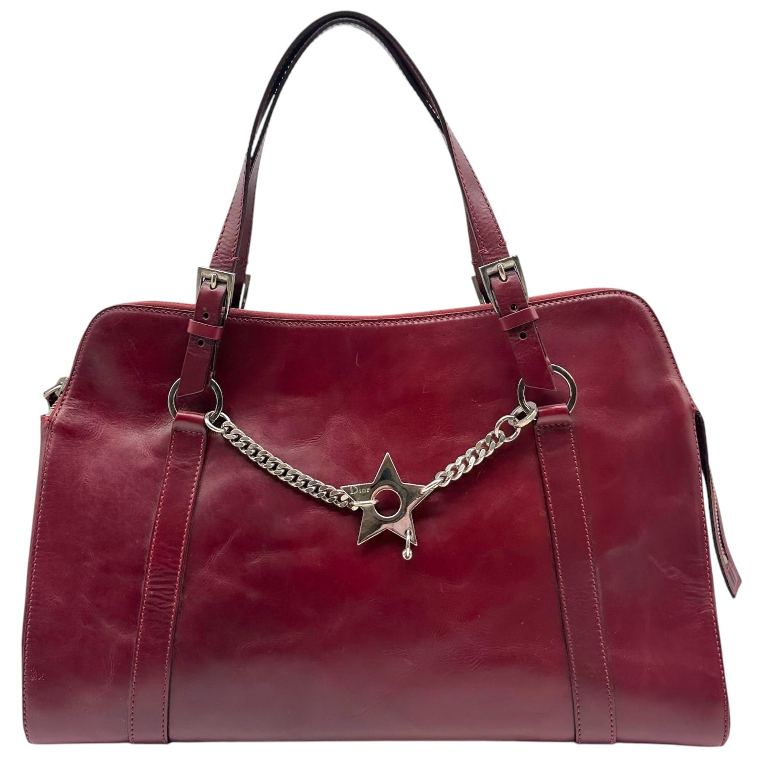 Christian Dior Burgundy Leather Shoulder Bag with Silver Hardware