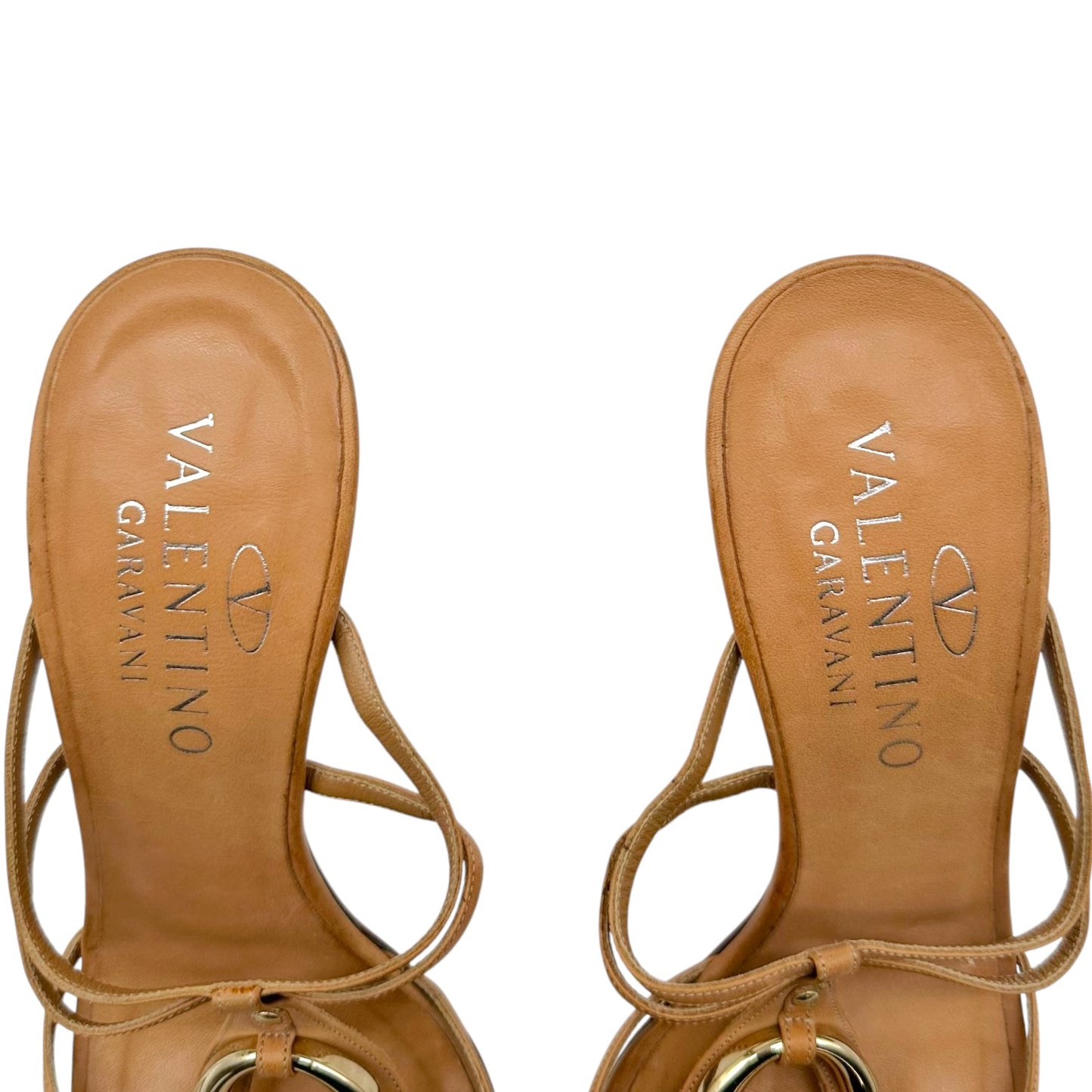 Valentino Garavani Tan Leather & Stone Embellished Strappy Mule Heels