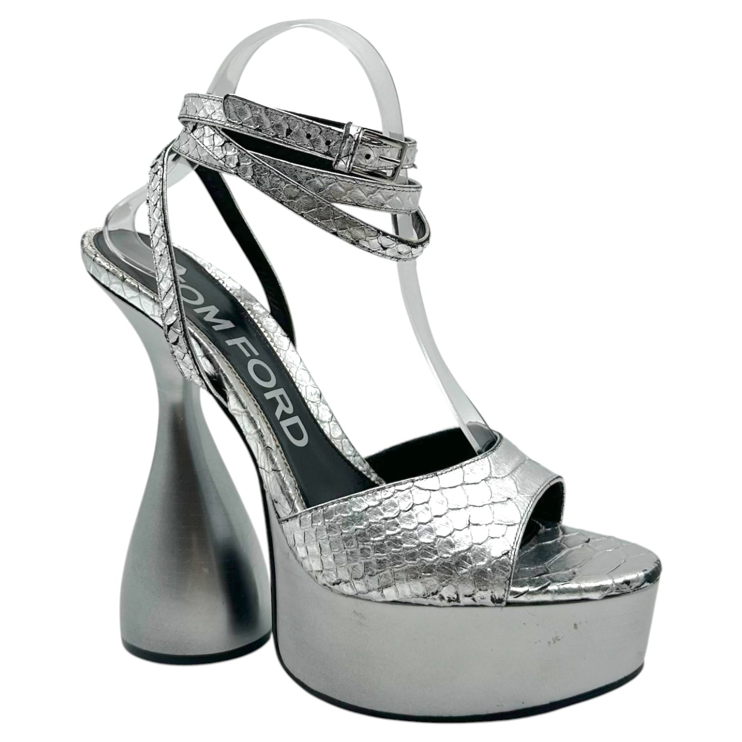 Tom Ford Fall 2020 Silver Snakeskin 'Disco' Chunky Heel Platform Sandal Heels