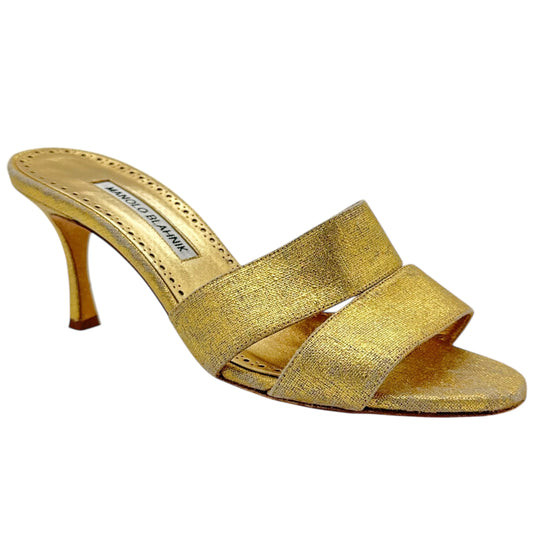 Manolo Blahnik Gold Linen Mule Heels