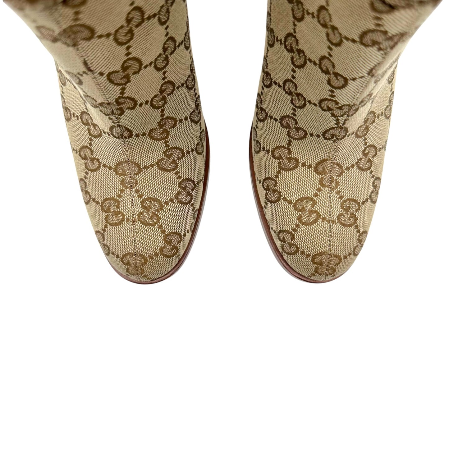 Gucci Tan Monogram Knee High Heeled Boots