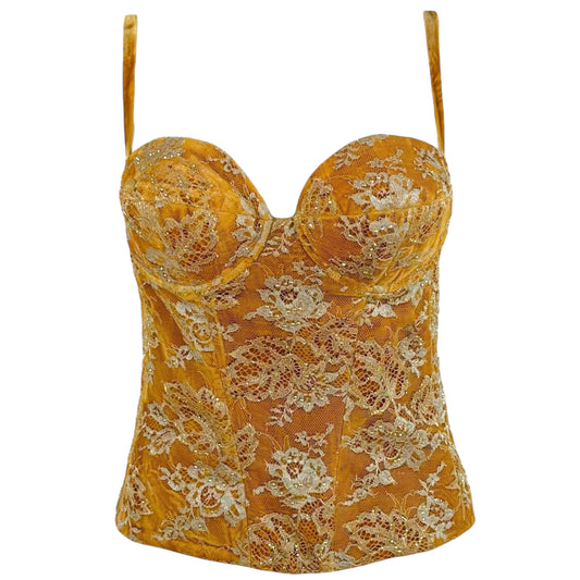 St. John Couture Gold Lace & Crystal Padded Bustier Top