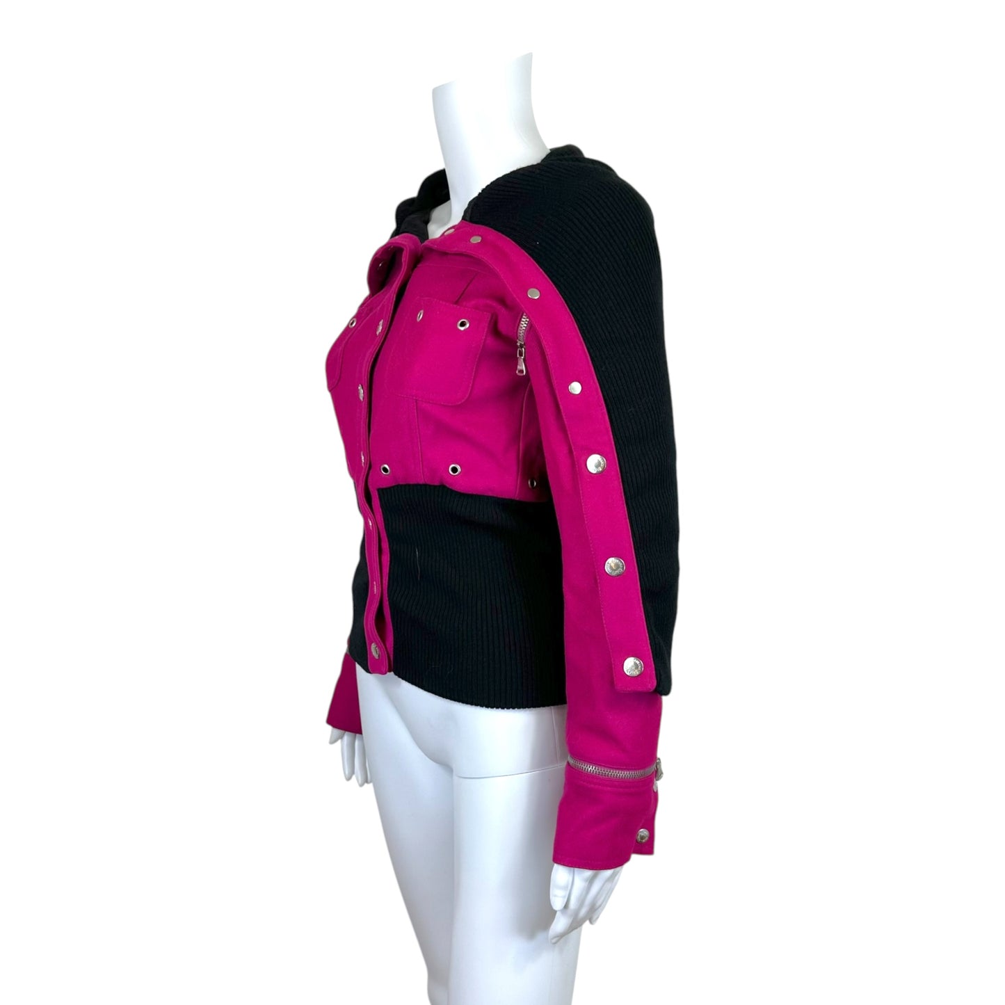 D&G Dolce & Gabbana Bright Pink & Black Oversized Collar Wool Bomber Jacket