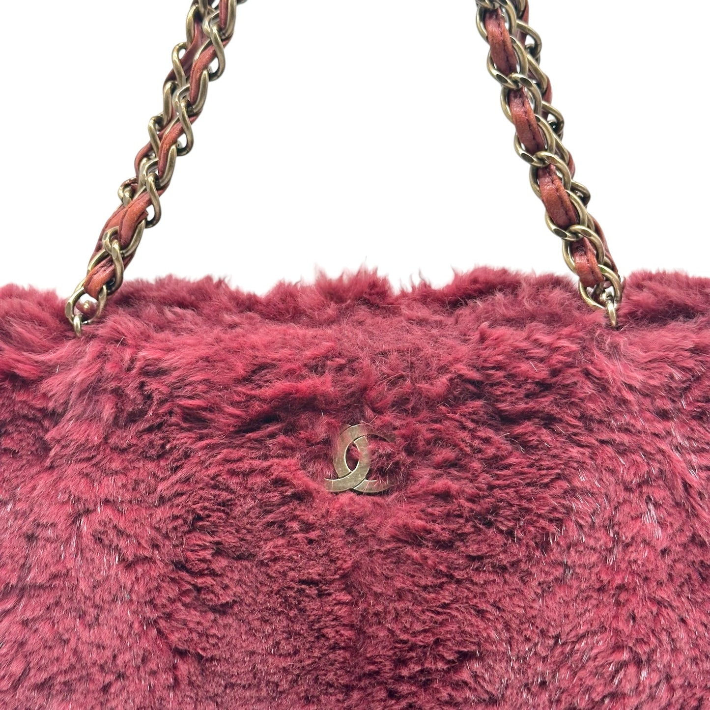 Chanel Burgundy Rabbit Fur Chain Strap Medium Shoulder Tote Bag 2000-03