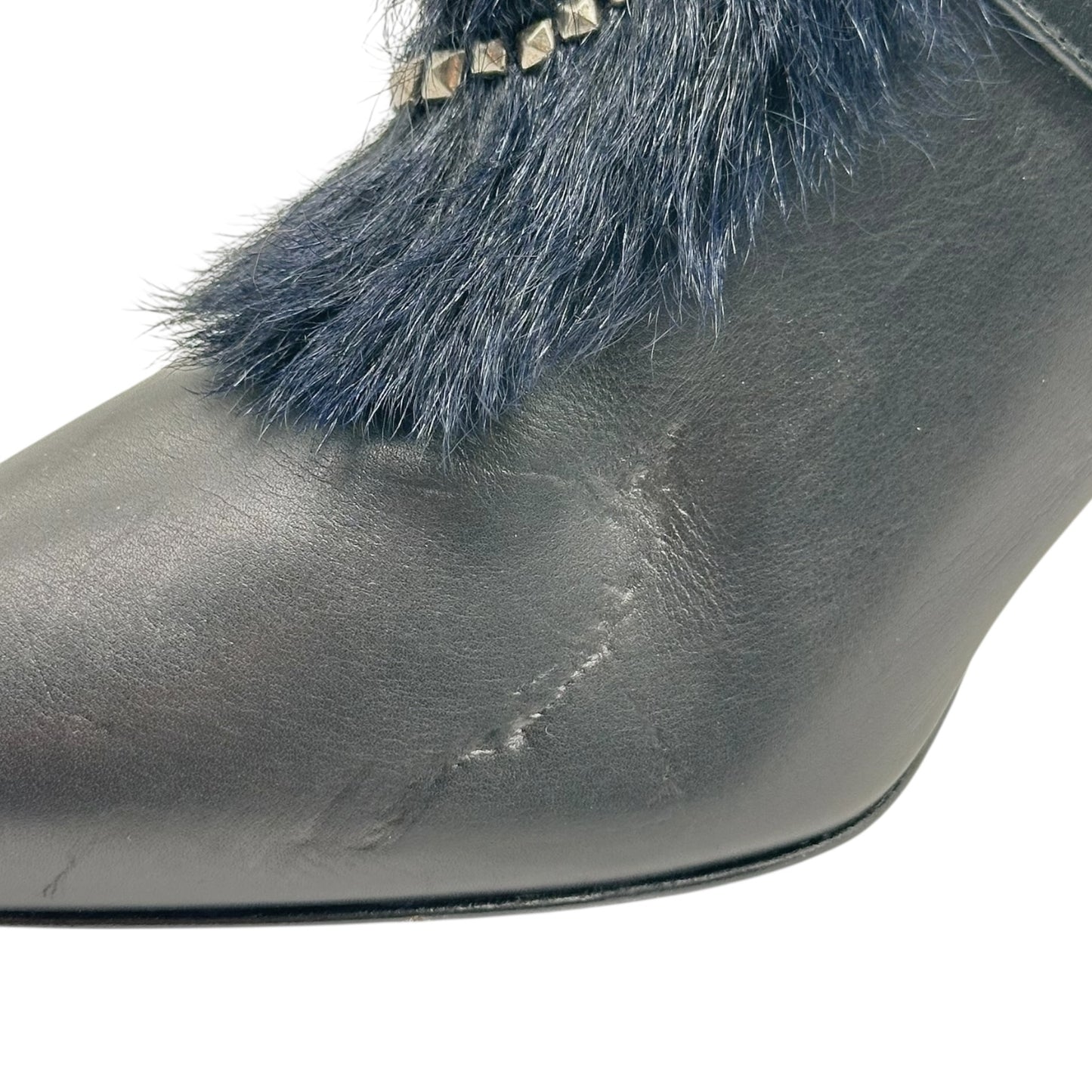 Roberto Cavalli Black Leather Studded Fur Trim Heeled Boots