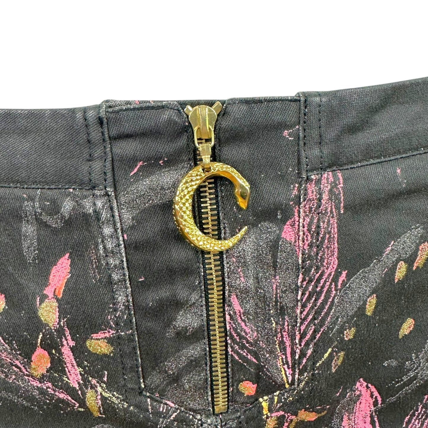 Roberto Cavalli Midi Denim Skirt Pink Black Floral Print