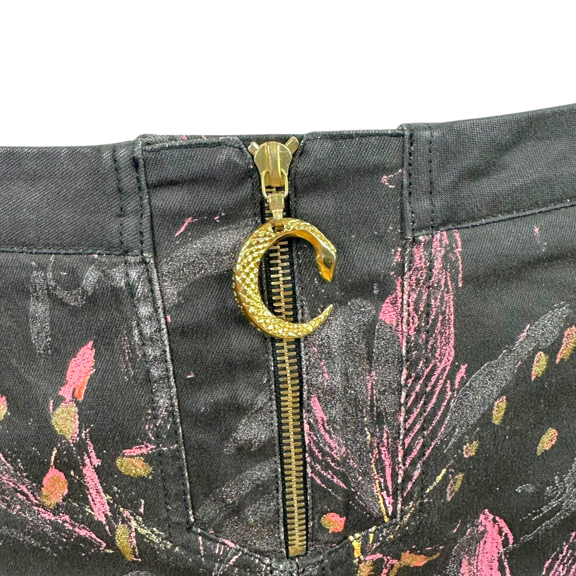 Roberto Cavalli Midi Denim Skirt Pink Black Floral Print