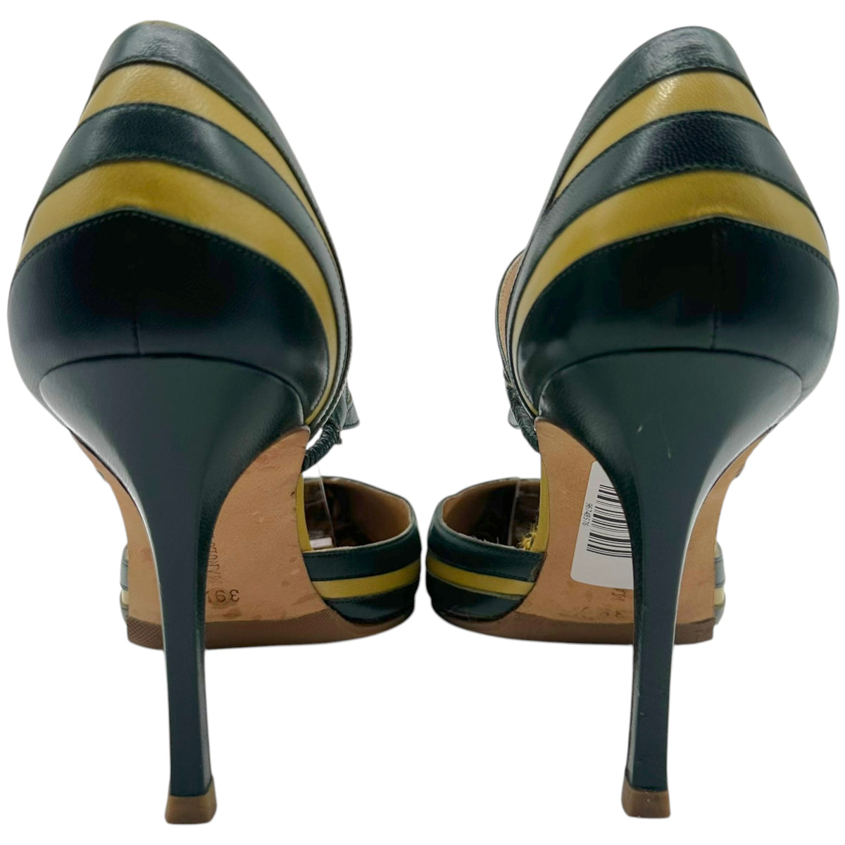Manolo Blahnik Pointed Toe Pumps Dark Green Yellow Stripes