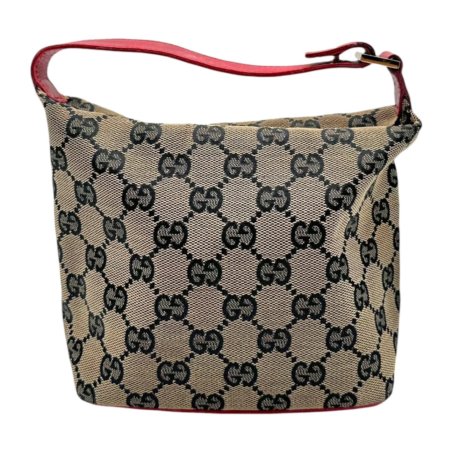 Gucci Gray Monogram & Red Leather Pochette Bag - Outfit Repeater