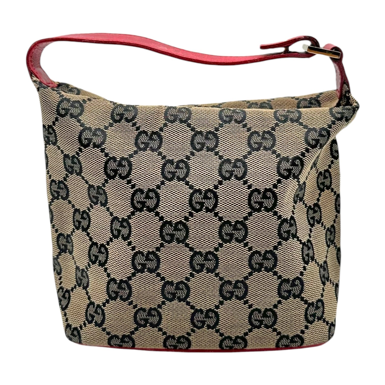 Gucci Gray Monogram & Red Leather Pochette Bag - Outfit Repeater