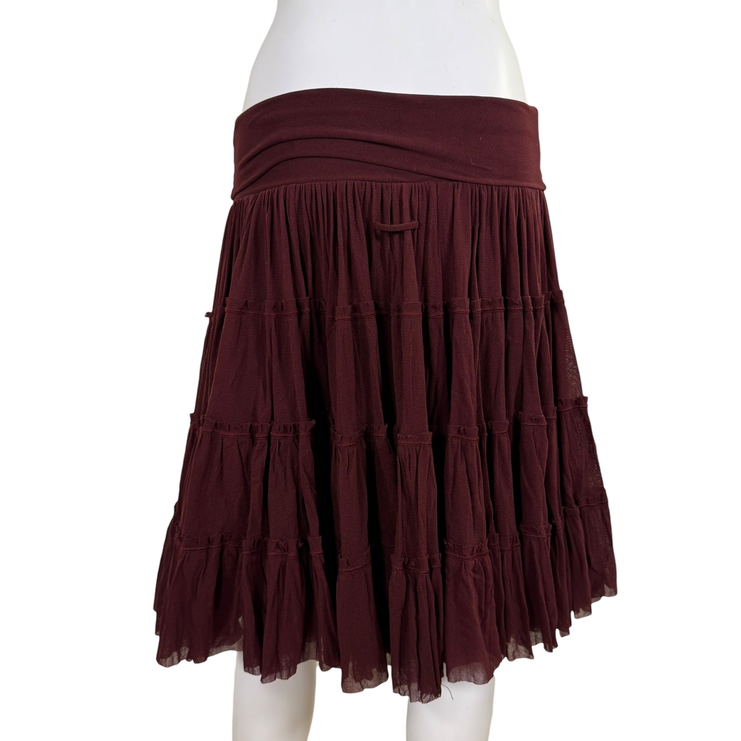Jean Paul Gaultier Soleil Burgundy Mesh Tiered Midi Skirt