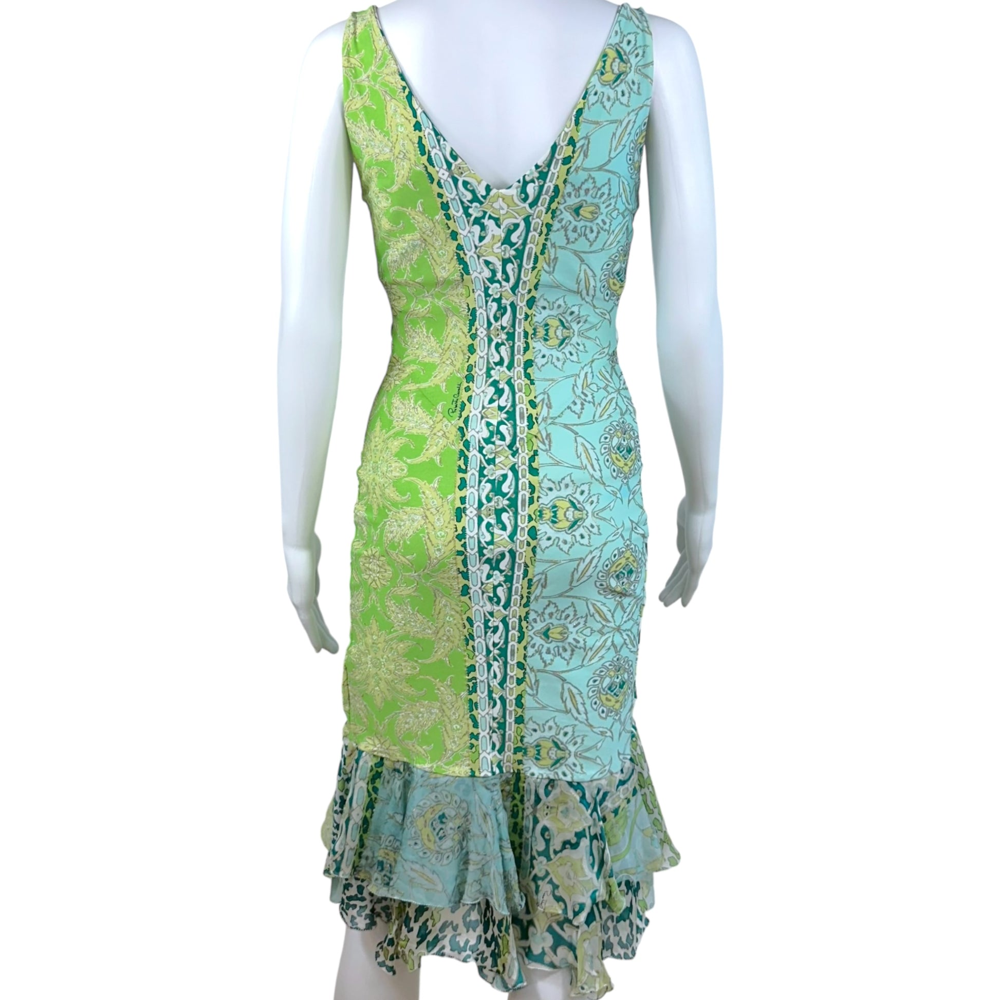 Roberto Cavalli Midi Dress Blue Green Silk Printed V-Neck