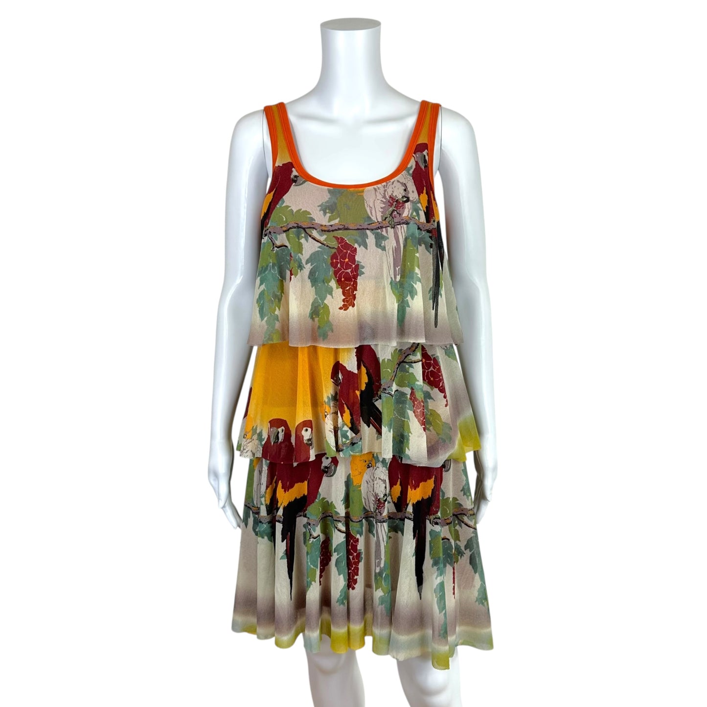 Jean Paul Gaultier Soleil Tropical Parrot Print Tiered Mesh Mini Dress