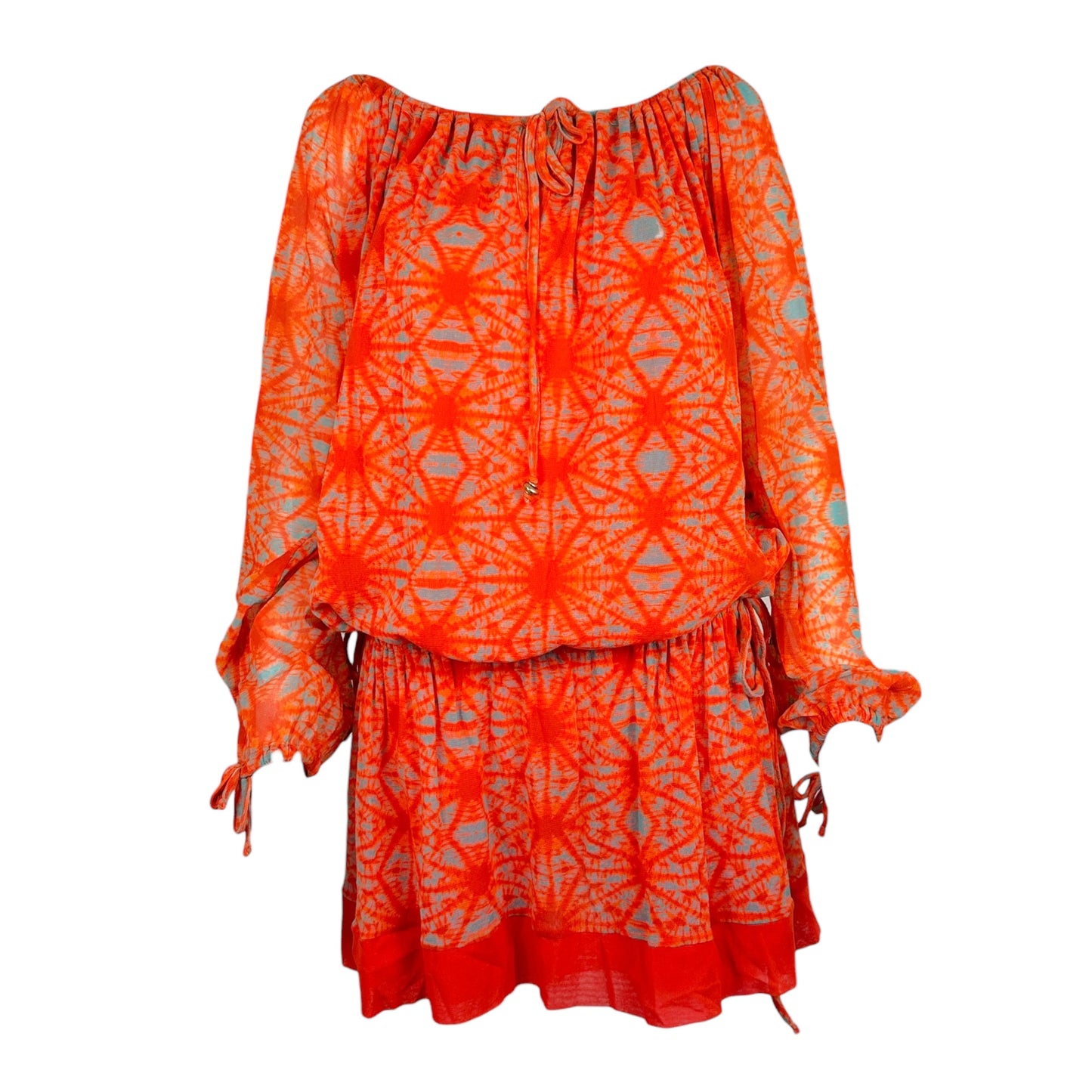 Jean Paul Gaultier Soleil Orange Mesh Printed Off-Shoulder Cinch Waist Mini Dress