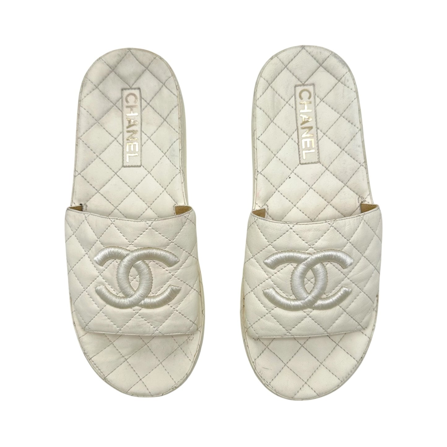 Chanel Ivory CC Logo Matelasse Quilted Slide Sandals