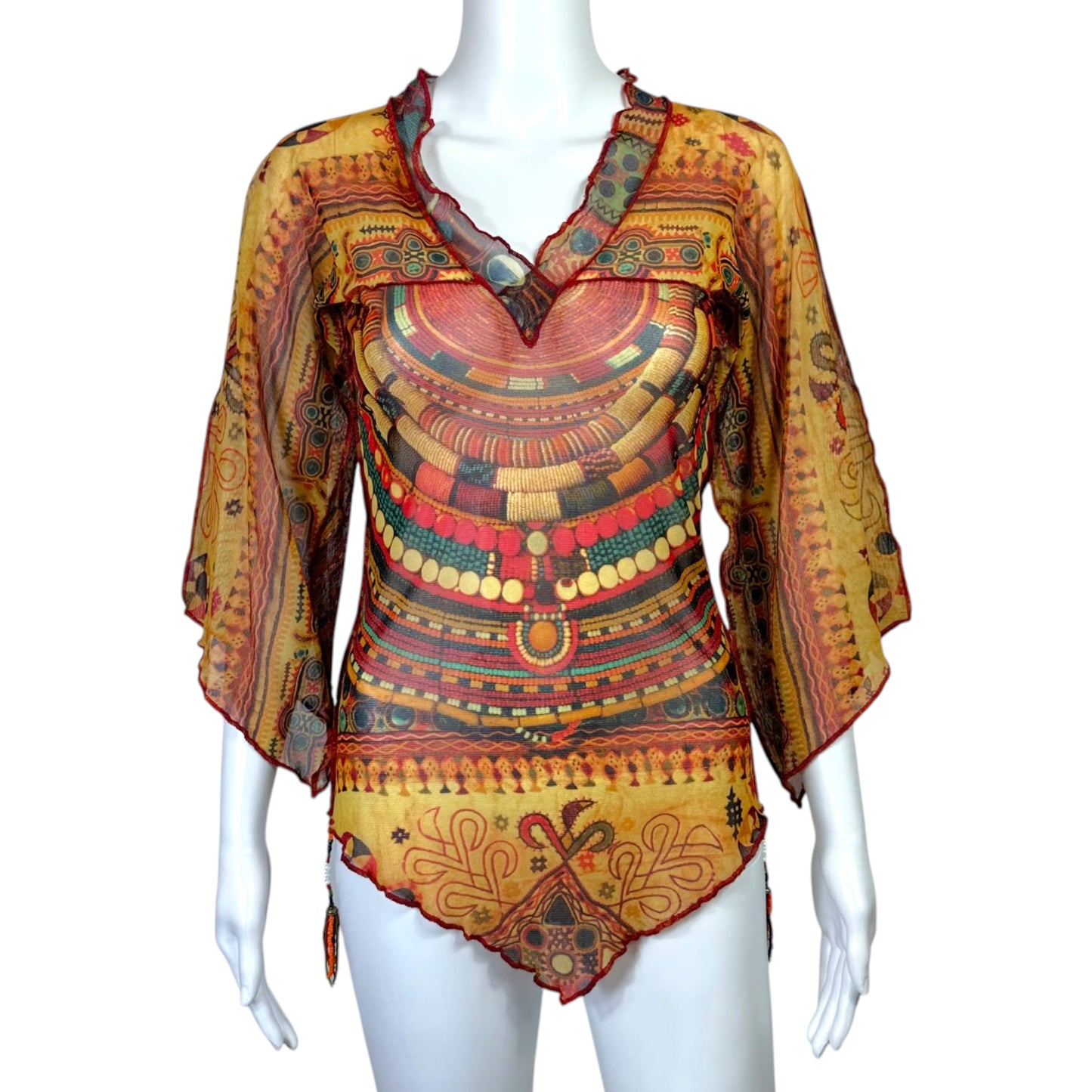 Jean Paul Gaultier Tribal Print Mesh Beaded Blouse