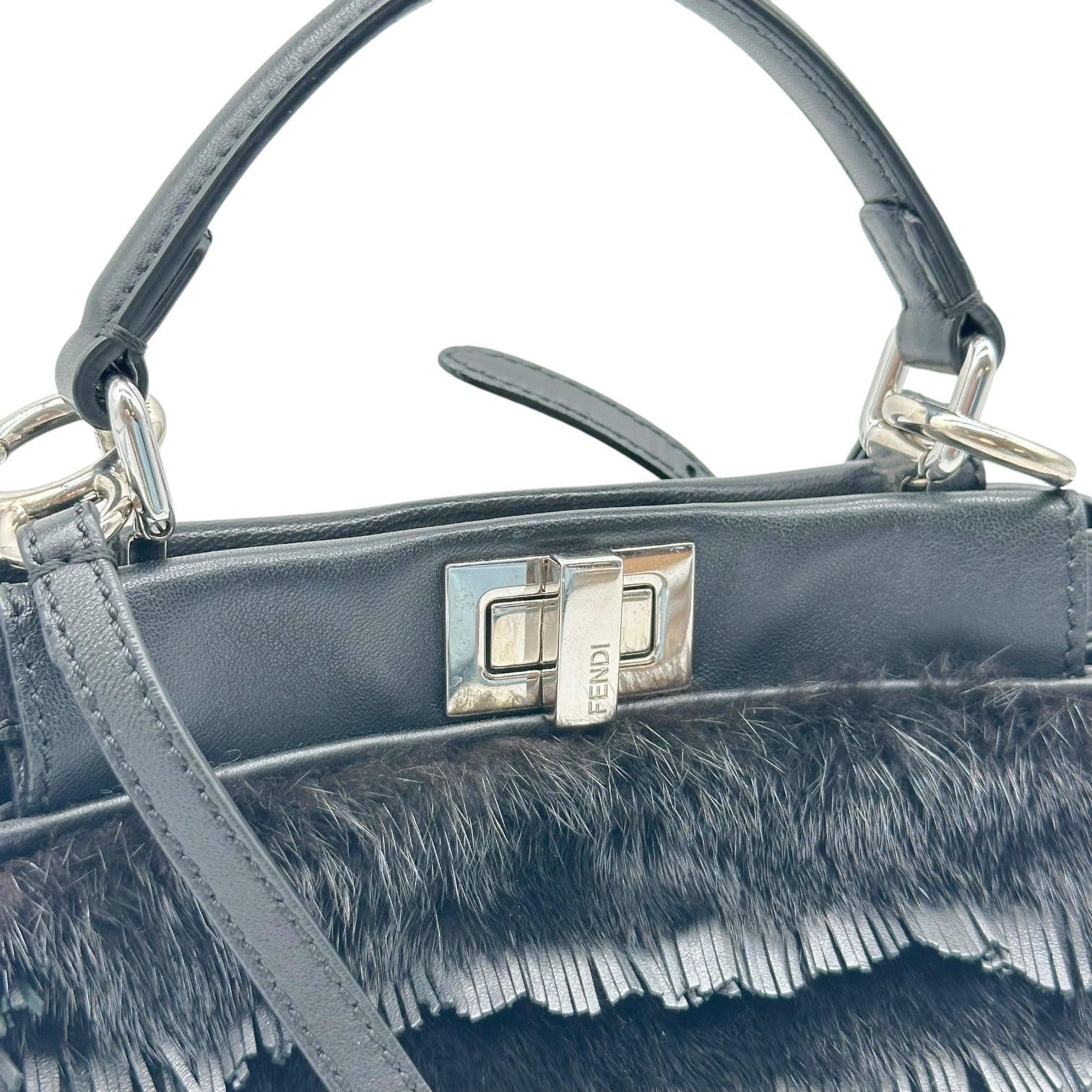 Fendi Mini Peekaboo Bag Black Rabbit Fur Leather Fringe