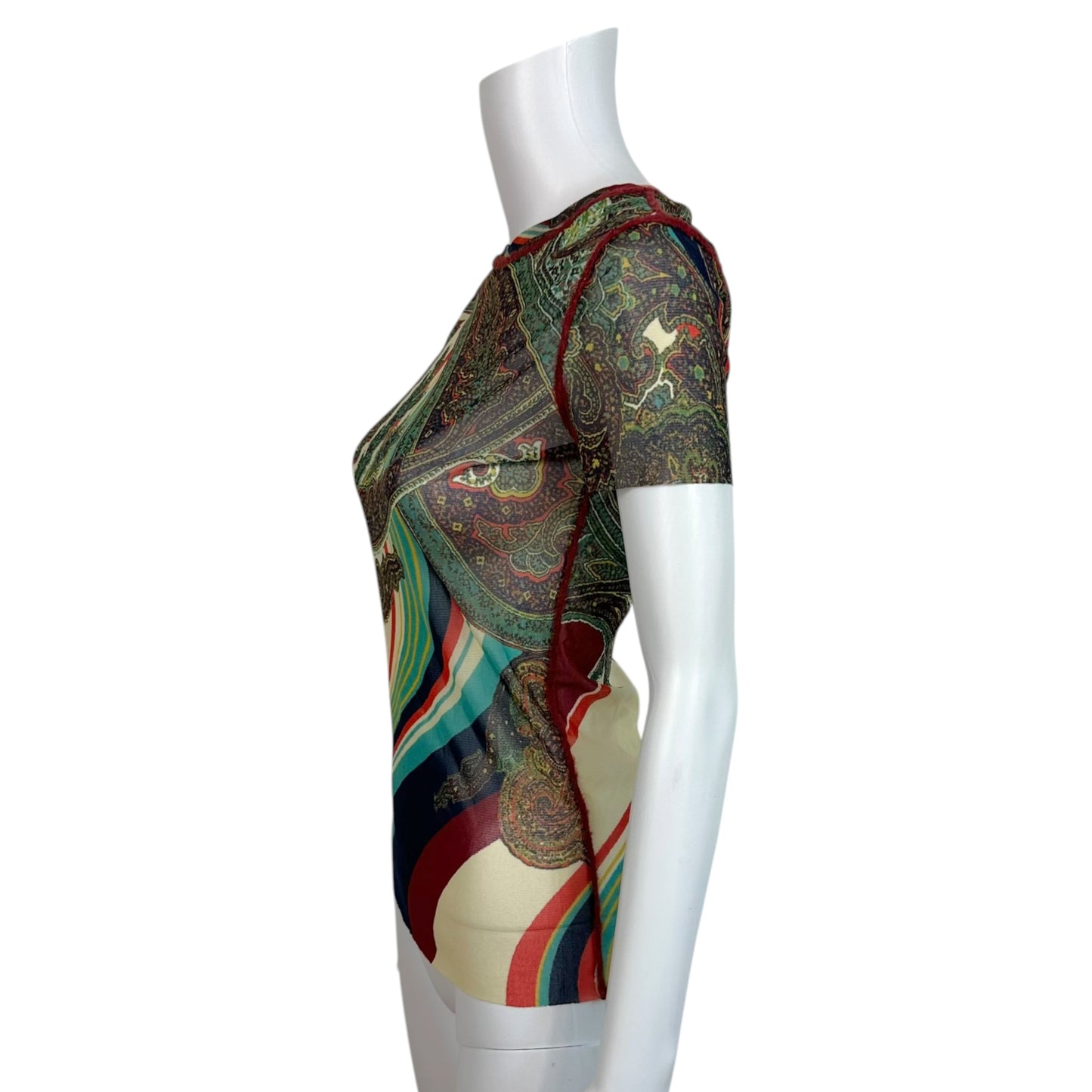 Jean Paul Gaultier Jewel-Toned Paisley Swirl Print Mesh T-Shirt