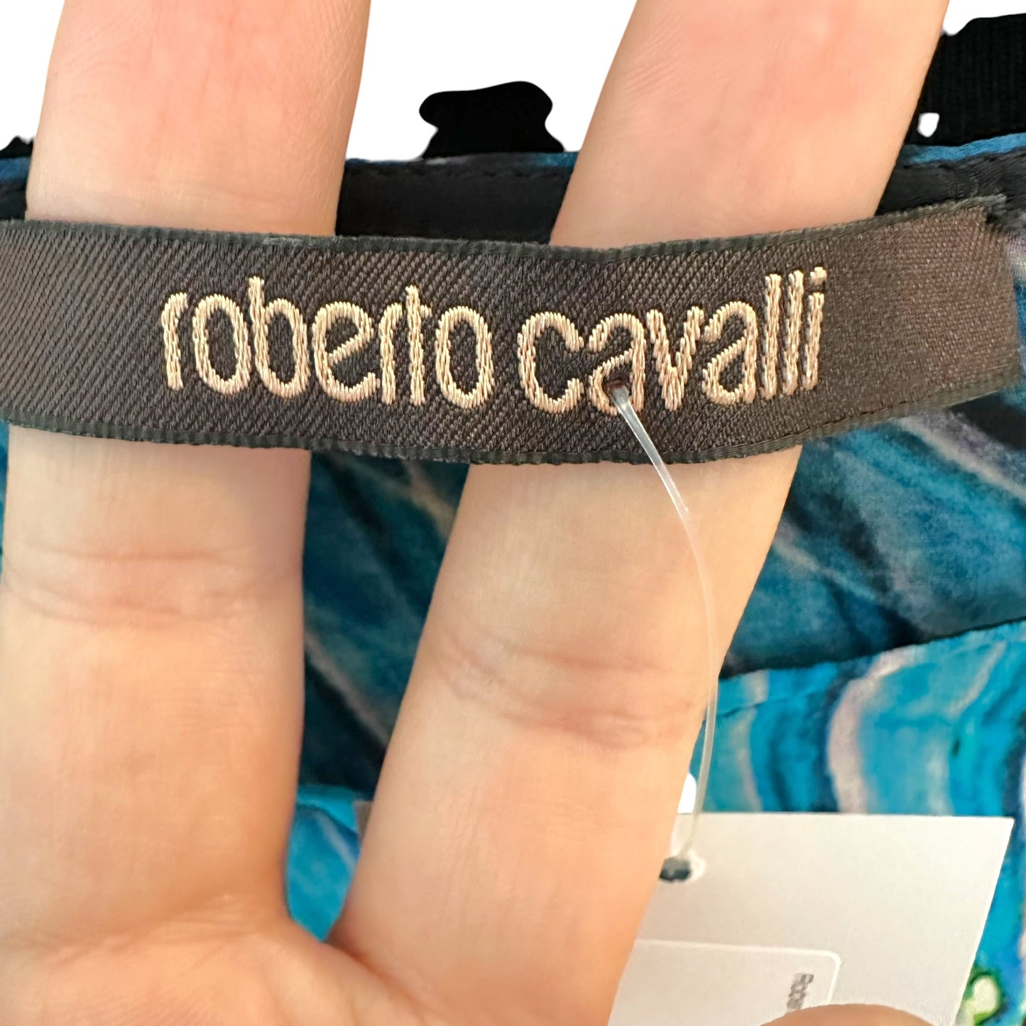 Roberto Cavalli Turquoise & Black Stripe Print Sheer Silk Dolman Blouse