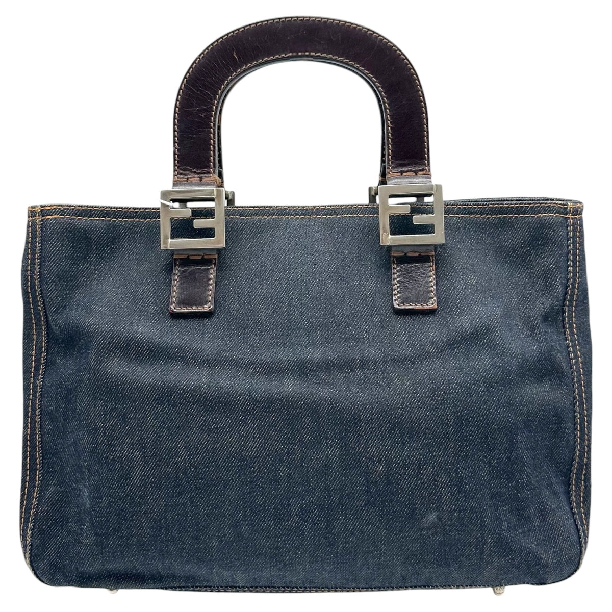 Fendi Small Tote Handbag Denim Brown Leather