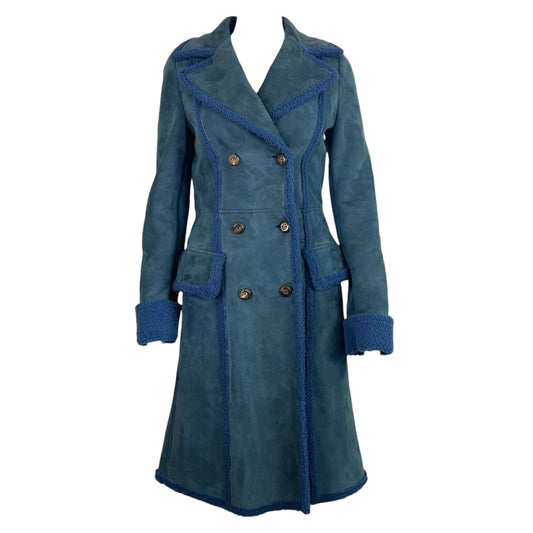 Salvatore Ferragamo Blue Teal Shearling Longline Coat