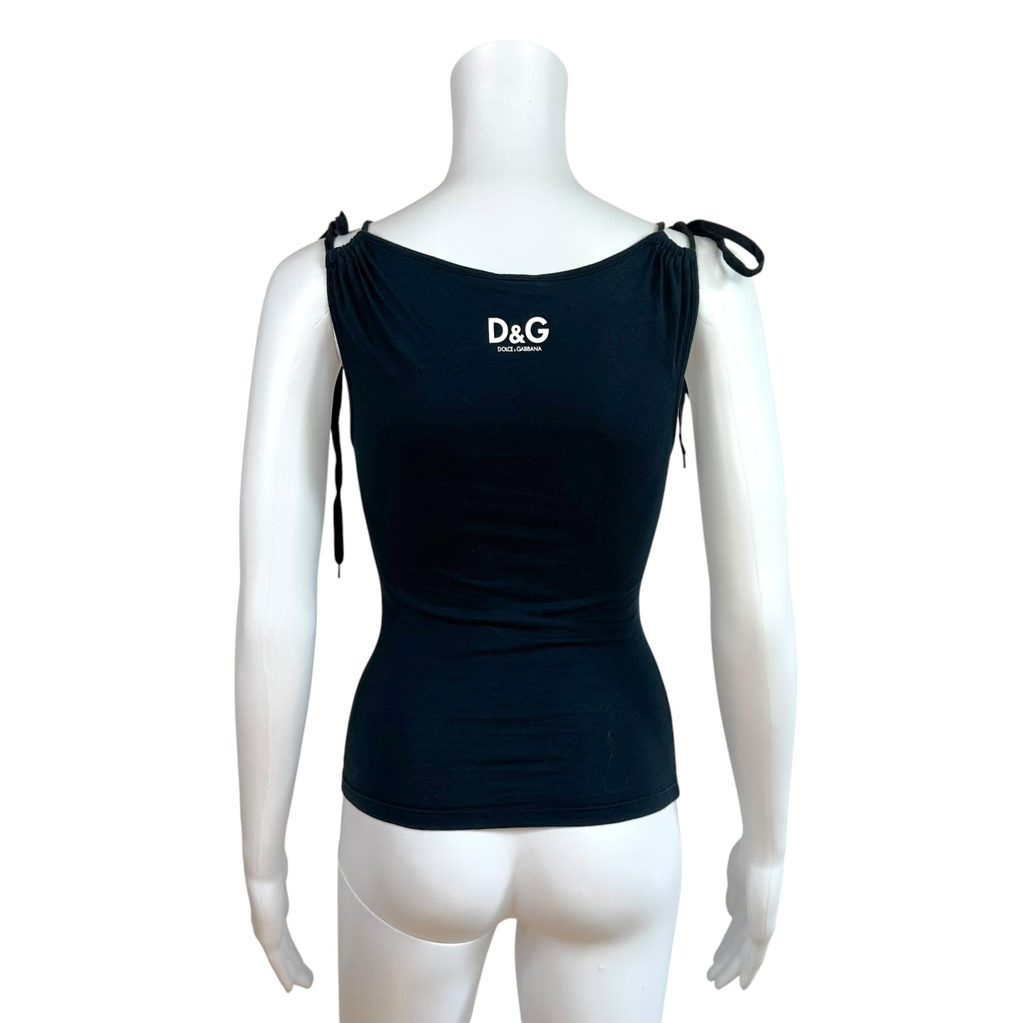 D&G Dolce & Gabbana Las Latinas Black & White Tie Shoulder Graphic Tank