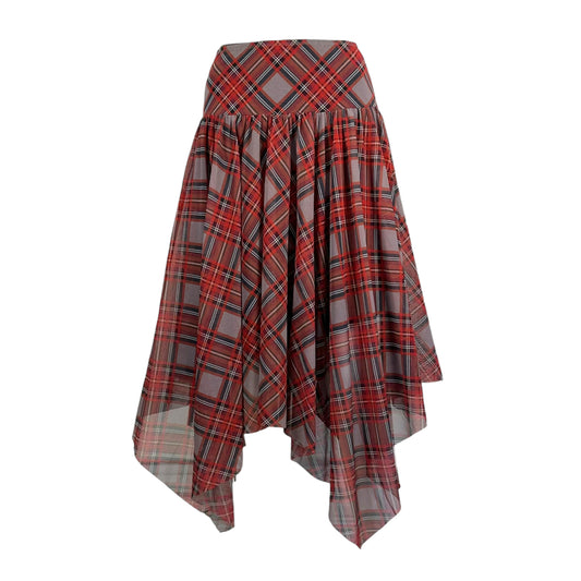 Jean Paul Gaultier Red Plaid Mesh Asymmetrical Hem Skirt