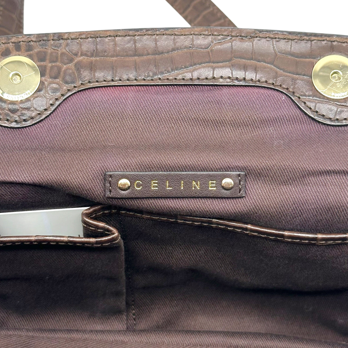 Celine Brown Triomphe Monogram Croc Leather Shoulder Bag
