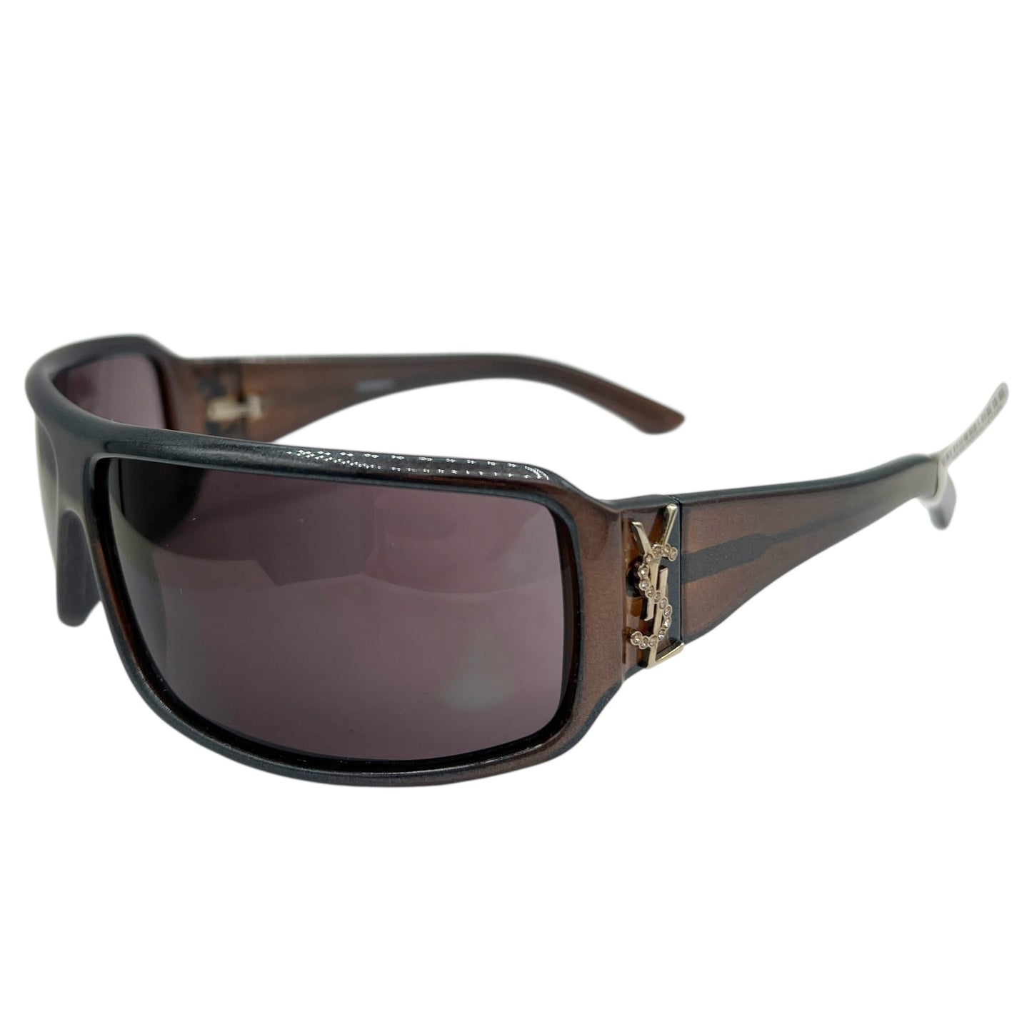 Yves Saint Laurent Brown Rhinestone Logo Shield Sunglasses YSL6078 w/ Case