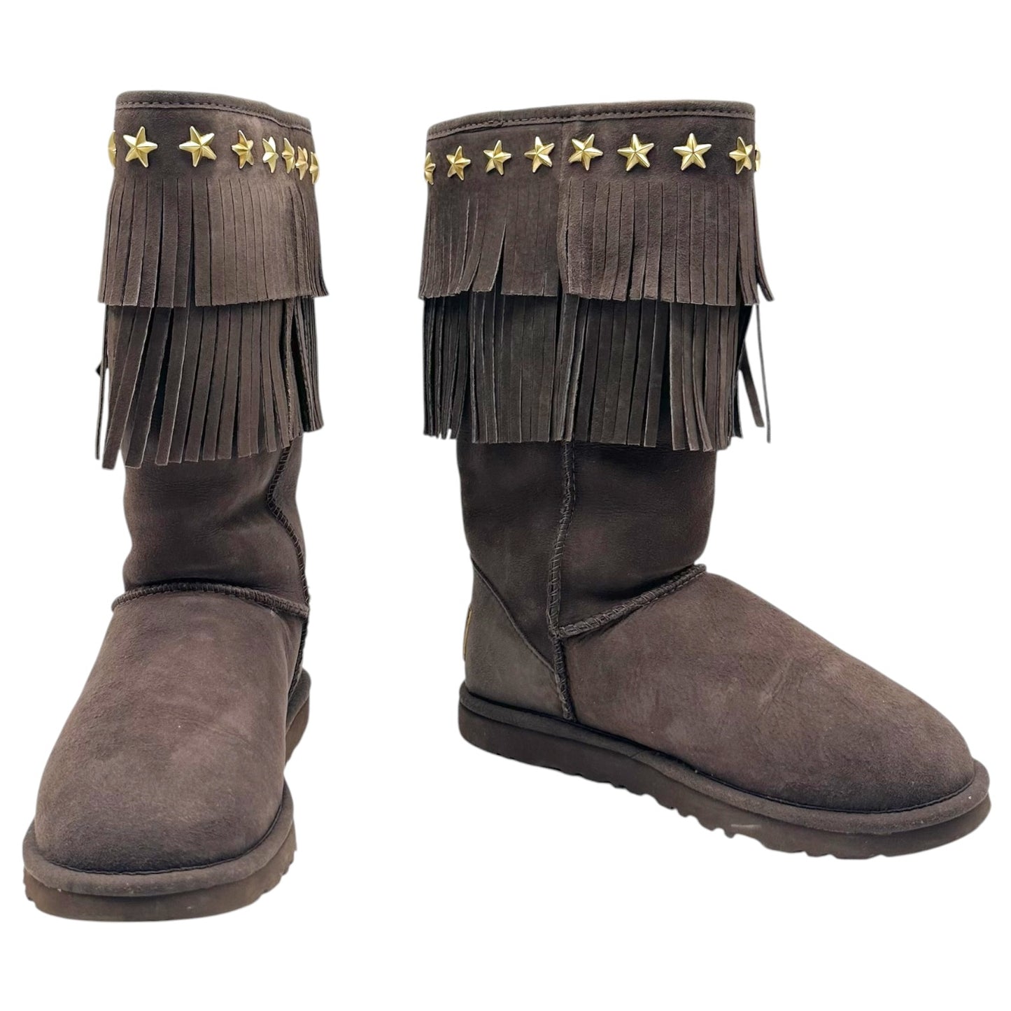 Jimmy Choo x UGG Brown & Gold Studded Fringe Shearling Boots