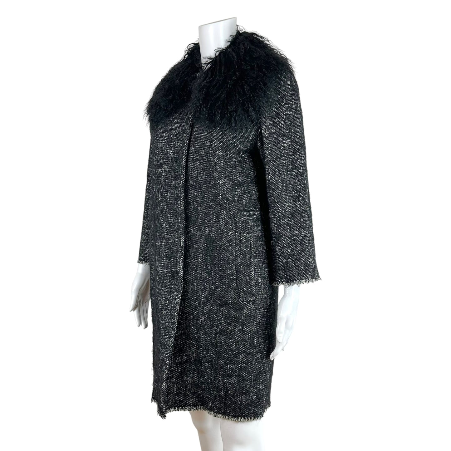 Dolce & Gabbana Black Tweed Coat Mongolian Lamb Fur Collar