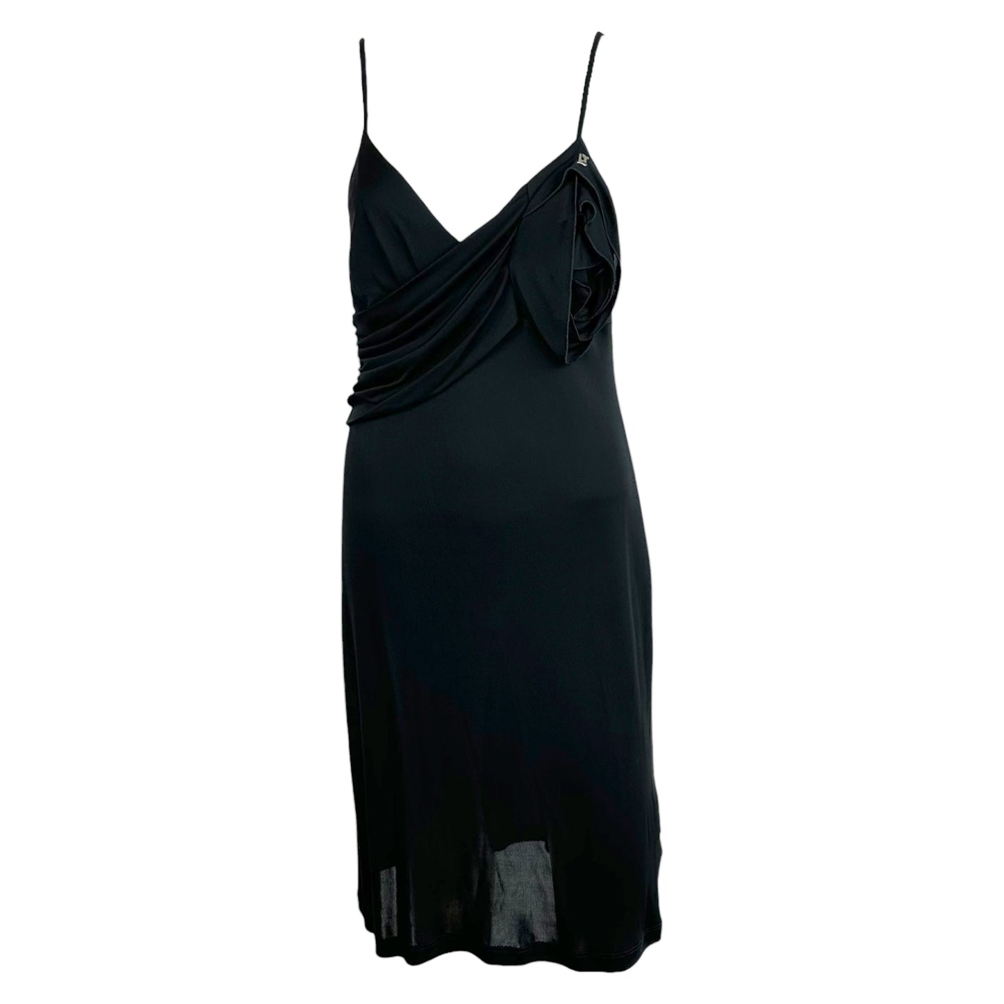 Galliano Black Mini Dress Rosette Applique V-Neck