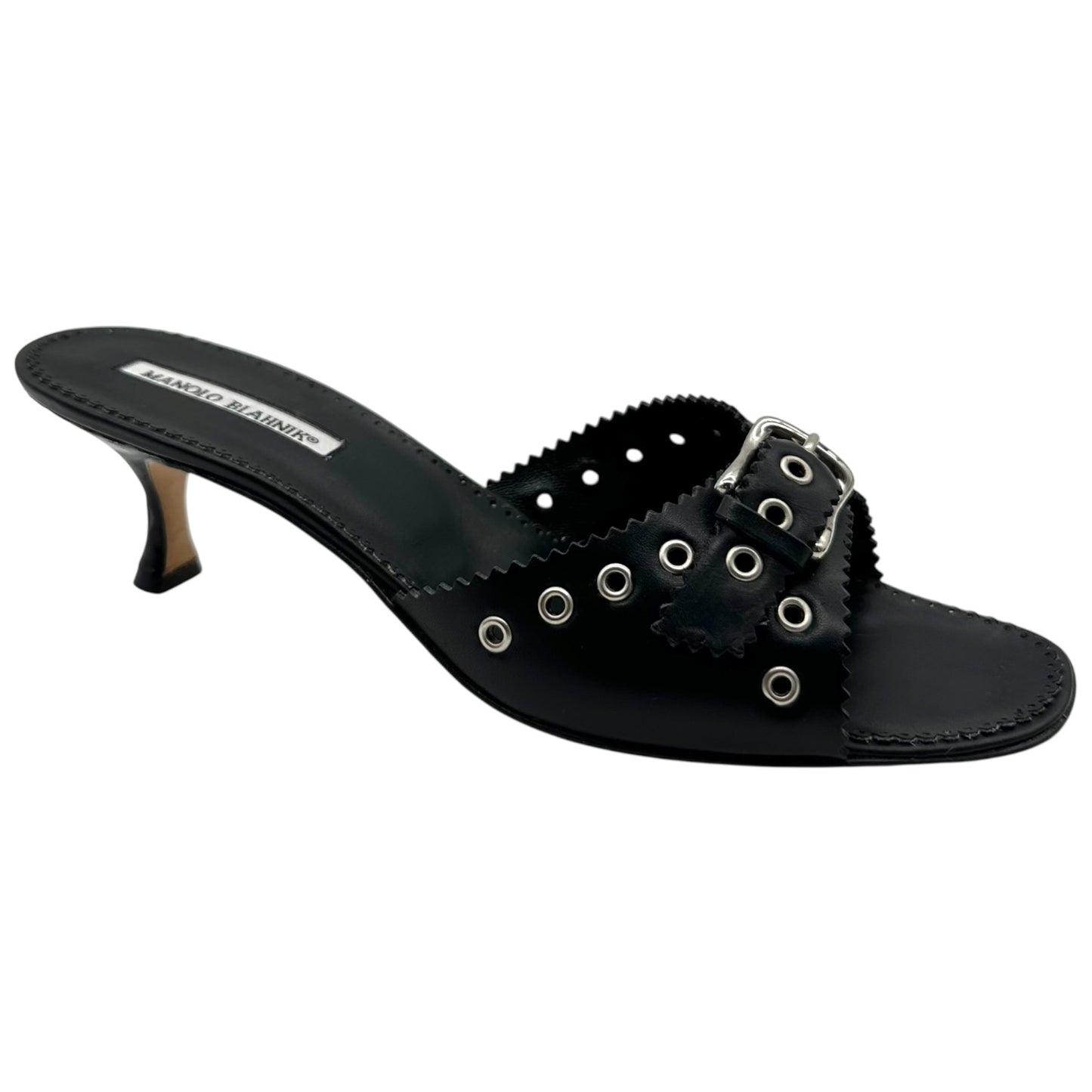 Manolo Blahnik Black Rivet Buckled Kitten Heel Mules