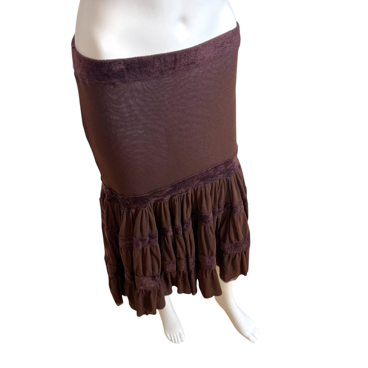 Jean Paul Gaultier Burgundy Mesh & Velvet Tiered Tutu Hem Midi Skirt