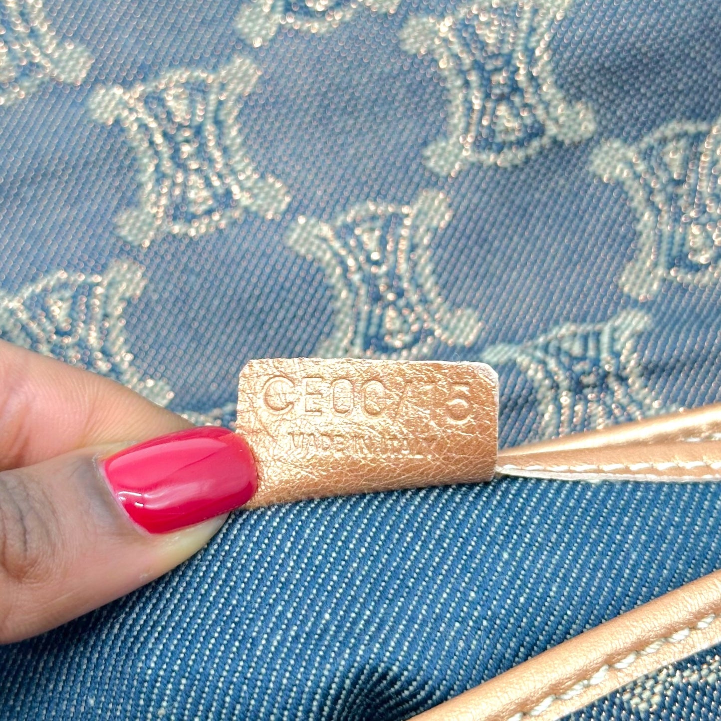 Celine Triomphe Monogram Metallic Denim Chain Embellished Shoulder Bag